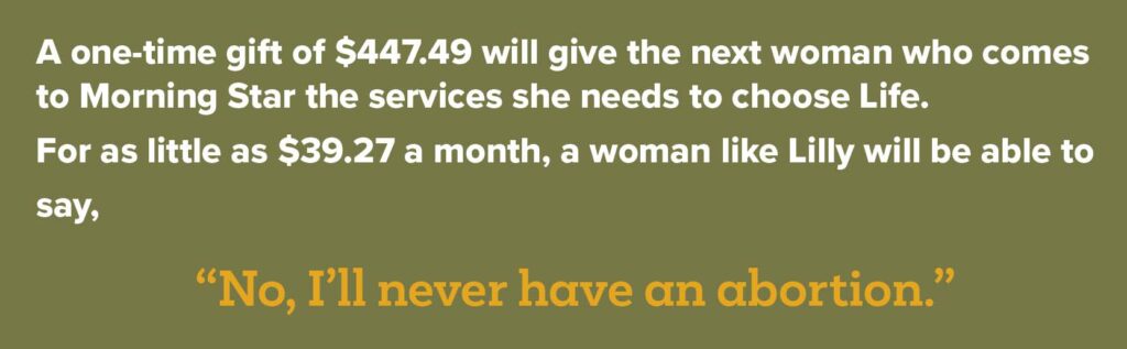 A one-time gift of $447.49 will give the next woman who comes to Morning Star the services she needs to choose Life. For as little as $39.27 a month, a woman like Lilly will be able to say, "No, I'll never have an abortion."